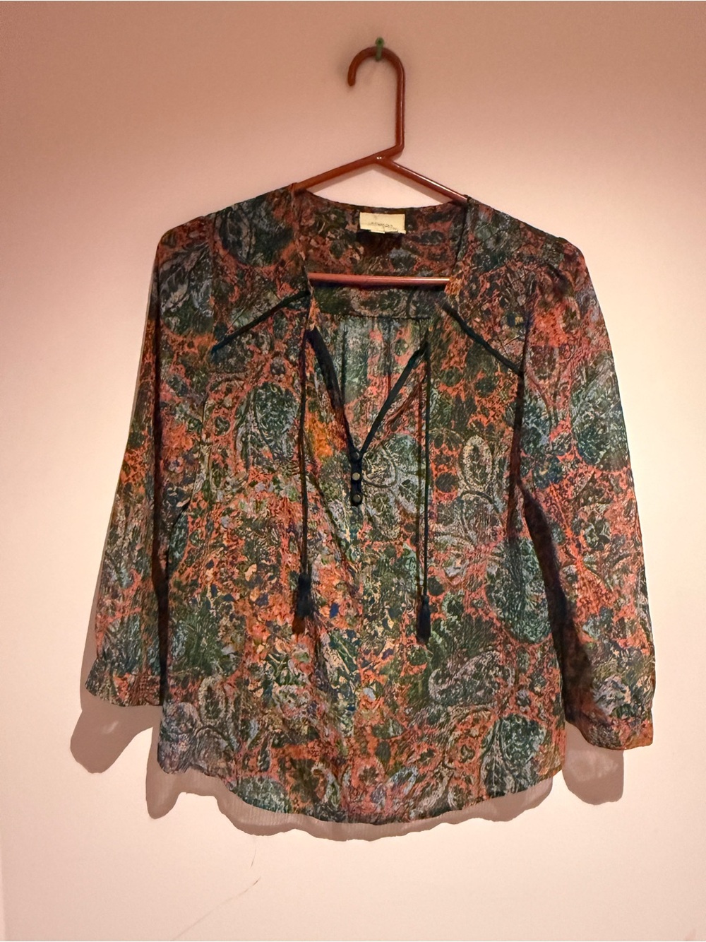 Edme + Esyllte Paisley Tie-Neck Blouse in Green & Rust